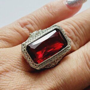 Emerald Cut Red Glass Filigree Ring Sz 7.75 Vintage New Old Stock Silver Tone
